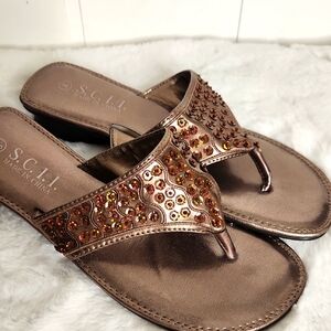 Y2K Brown Embellished Metallic Sequin Summer Fantasy Thong Sandals